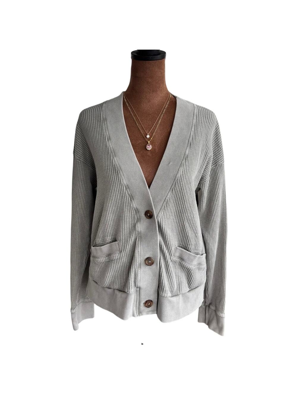 Mododoc Waffle Knit Button Front Pocket Cardigan Cozy Summer Sweater Small